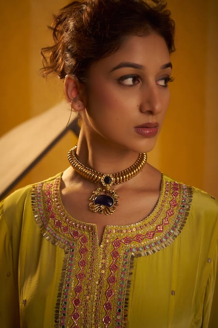 Hirika & Dhruti_Lime Crepe, Satin, Silk Sequins, Mirrors Tikki Work Anarkali Kurta And Sharara Set _Online_at_Aza_Fashions