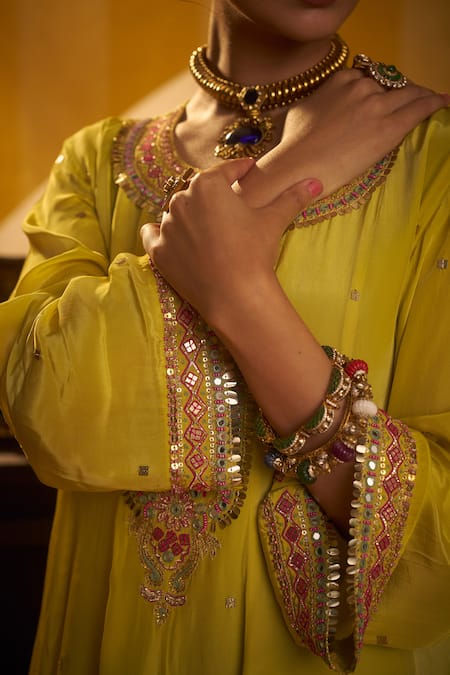 Buy_Hirika & Dhruti_Lime Crepe, Satin, Silk Sequins, Mirrors Tikki Work Anarkali Kurta And Sharara Set _Online_at_Aza_Fashions