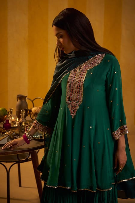 Hirika & Dhruti_Green Crepe, Silk Satin Tikki Work Anarkali Kurta And Pleated Sharara Set _Online_at_Aza_Fashions