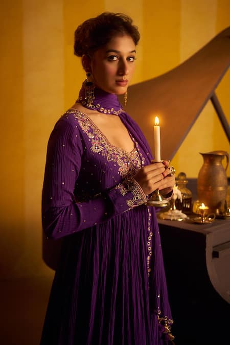 Hirika & Dhruti Purple Crinkle, Chanderi Embroidery, Hand Pleated Anarkali And Dupatta Online at Aza Fashions Hirika & Dhruti_Purple Crinkle, Chanderi Embroidery, Hand Pleated Anarkali And Dupatta _Online_at_Aza_Fashions