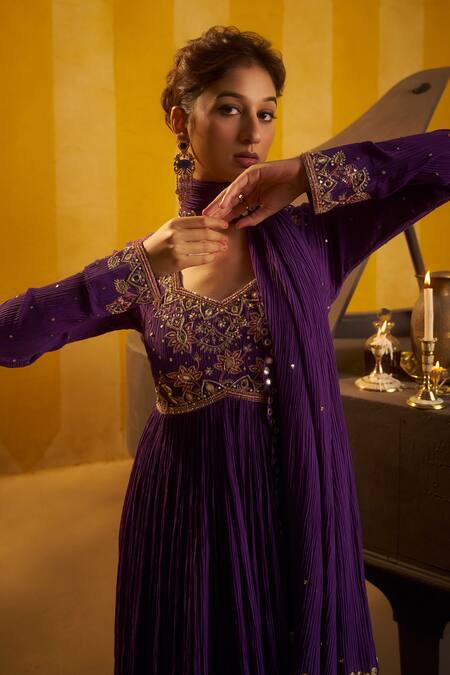Buy Hirika & Dhruti Purple Crinkle, Chanderi Embroidery, Hand Pleated Anarkali And Dupatta Online at Aza Fashions Buy_Hirika & Dhruti_Purple Crinkle, Chanderi Embroidery, Hand Pleated Anarkali And Dupatta _Online_at_Aza_Fashions