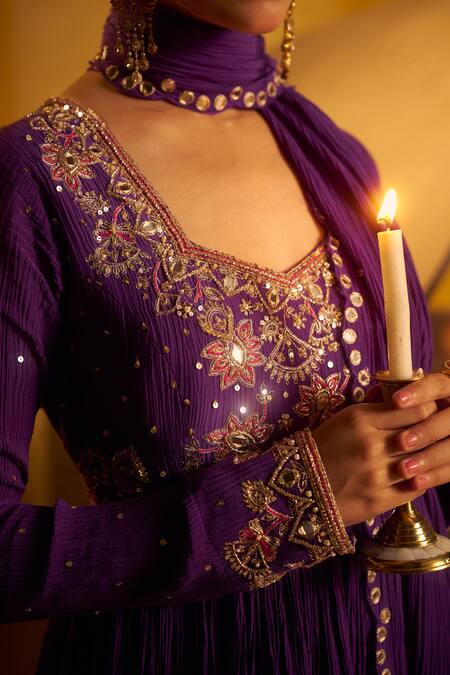 Shop Hirika & Dhruti Purple Crinkle, Chanderi Embroidery, Hand Pleated Anarkali And Dupatta Online at Aza Fashions Shop_Hirika & Dhruti_Purple Crinkle, Chanderi Embroidery, Hand Pleated Anarkali And Dupatta _Online_at_Aza_Fashions