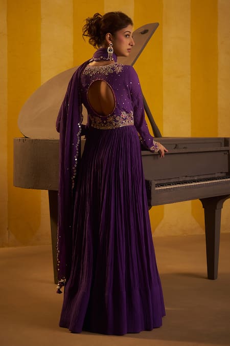 Shop Hirika & Dhruti Purple Crinkle, Chanderi Embroidery, Hand Pleated Anarkali And Dupatta at Aza Fashions Shop_Hirika & Dhruti_Purple Crinkle, Chanderi Embroidery, Hand Pleated Anarkali And Dupatta _at_Aza_Fashions