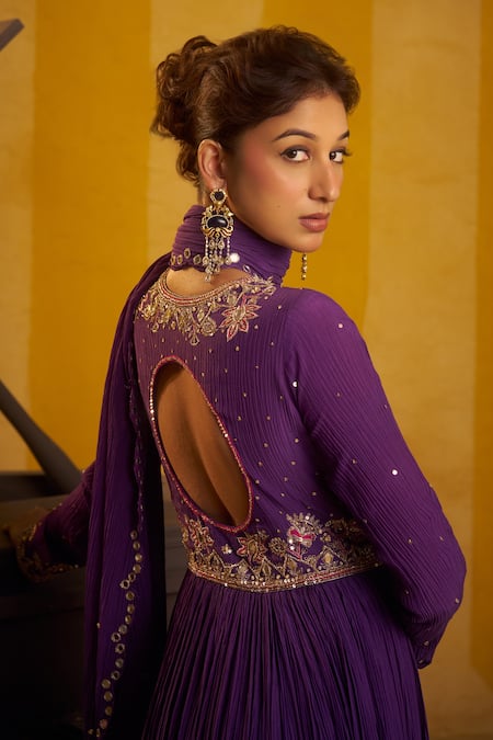 Hirika & Dhruti Purple Crinkle, Chanderi Embroidery, Hand Pleated Anarkali And Dupatta at Aza Fashions Hirika & Dhruti_Purple Crinkle, Chanderi Embroidery, Hand Pleated Anarkali And Dupatta _at_Aza_Fashions