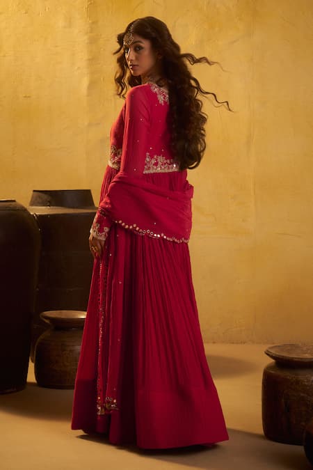 Shop Hirika & Dhruti Red Chanderi, Crinkle Embroidery, Mirrors, Hand Work Pleated Anarkali And Dupatta at Aza Fashions Shop_Hirika & Dhruti_Red Chanderi, Crinkle Embroidery, Mirrors, Hand Work Pleated Anarkali And Dupatta _at_Aza_Fashions