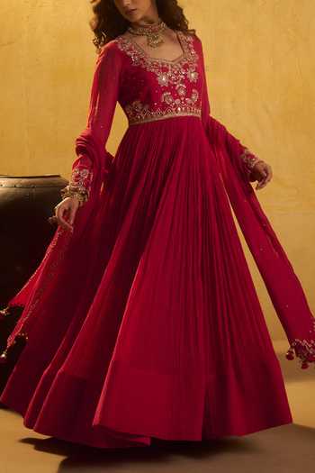 Shop Hirika & Dhruti Maroon Hand Work Pleated Anarkali And Mirror Dupatta For Kids Online at Aza Fashions Shop_Hirika & Dhruti_Maroon Hand Work Pleated Anarkali And Mirror Dupatta For Kids_Online_at_Aza_Fashions