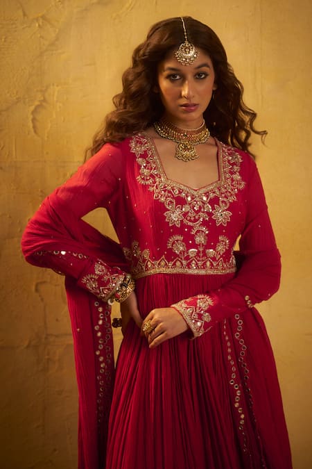 Hirika & Dhruti Red Chanderi, Crinkle Embroidery, Mirrors, Hand Work Pleated Anarkali And Dupatta Online at Aza Fashions Hirika & Dhruti_Red Chanderi, Crinkle Embroidery, Mirrors, Hand Work Pleated Anarkali And Dupatta _Online_at_Aza_Fashions