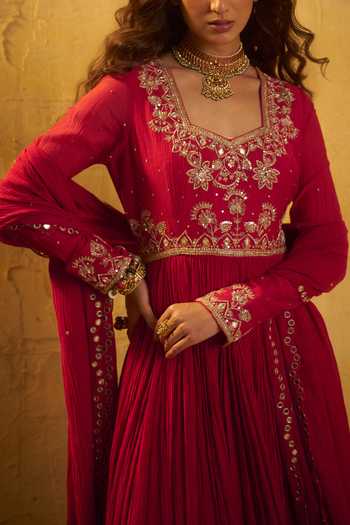 Hirika & Dhruti Maroon Hand Work Pleated Anarkali And Mirror Dupatta For Kids Online at Aza Fashions Hirika & Dhruti_Maroon Hand Work Pleated Anarkali And Mirror Dupatta For Kids_Online_at_Aza_Fashions