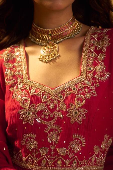 Buy Hirika & Dhruti Red Chanderi, Crinkle Embroidery, Mirrors, Hand Work Pleated Anarkali And Dupatta Online at Aza Fashions Buy_Hirika & Dhruti_Red Chanderi, Crinkle Embroidery, Mirrors, Hand Work Pleated Anarkali And Dupatta _Online_at_Aza_Fashions