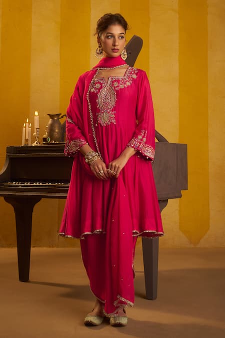Hirika & Dhruti Pink Silk, Organza Embroidery, Stones, Tikki Zardosi Kalli Kurta And Dhoti Set 