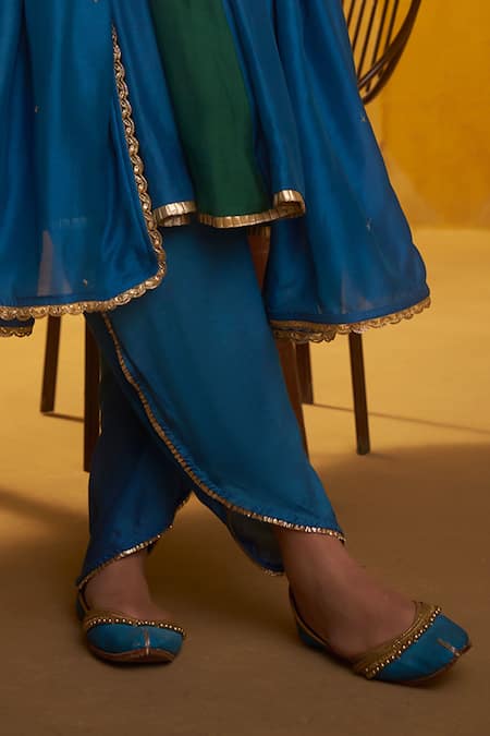 Hirika & Dhruti_Teal Silk, Organza Embroidery, Sequins Tikki Zardosi Kalli Short Kurta Dhoti Set _Online_at_Aza_Fashions