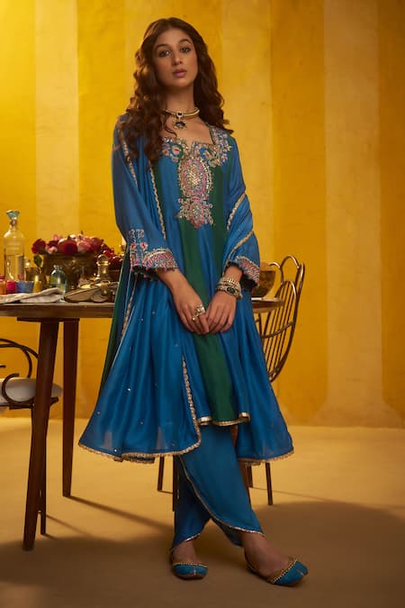 Hirika & Dhruti Teal Silk, Organza Embroidery, Sequins Tikki Zardosi Kalli Short Kurta Dhoti Set 