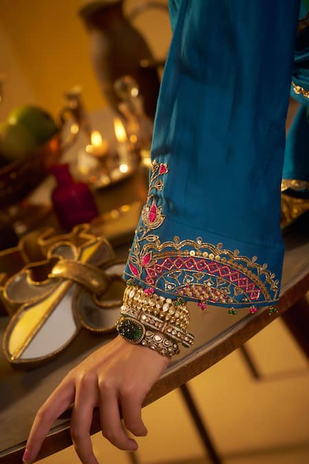 Buy_Hirika & Dhruti_Teal Silk, Organza Embroidery, Sequins Tikki Zardosi Kalli Short Kurta Dhoti Set _Online_at_Aza_Fashions