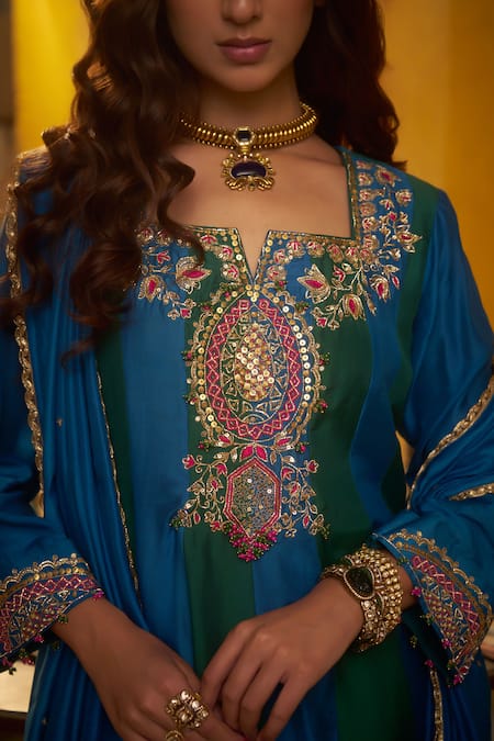 Shop_Hirika & Dhruti_Teal Silk, Organza Embroidery, Sequins Tikki Zardosi Kalli Short Kurta Dhoti Set _Online_at_Aza_Fashions