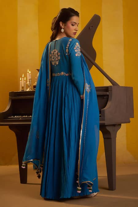 Shop Hirika & Dhruti Blue Crinkle, Chanderi, Organza Embroidery, Pleated Anarkali And Dupatta at Aza Fashions Shop_Hirika & Dhruti_Blue Crinkle, Chanderi, Organza Embroidery, Pleated Anarkali And Dupatta _at_Aza_Fashions