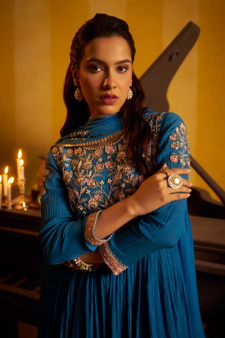 Hirika & Dhruti Blue Crinkle, Chanderi, Organza Embroidery, Pleated Anarkali And Dupatta Online at Aza Fashions Hirika & Dhruti_Blue Crinkle, Chanderi, Organza Embroidery, Pleated Anarkali And Dupatta _Online_at_Aza_Fashions