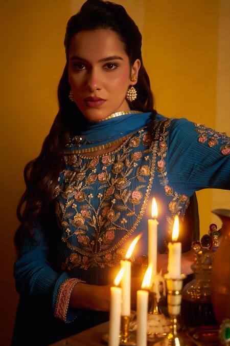 Buy Hirika & Dhruti Blue Crinkle, Chanderi, Organza Embroidery, Pleated Anarkali And Dupatta Online at Aza Fashions Buy_Hirika & Dhruti_Blue Crinkle, Chanderi, Organza Embroidery, Pleated Anarkali And Dupatta _Online_at_Aza_Fashions