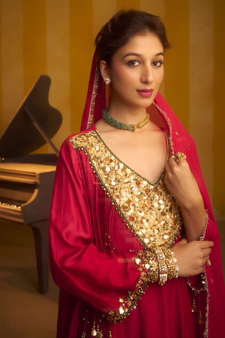 Shop Hirika & Dhruti Red Silk, Organza Sequins, Beads, Zari, Hand Work Kurta, Pant And Dupatta Online at Aza Fashions Shop_Hirika & Dhruti_Red Silk, Organza Sequins, Beads, Zari, Hand Work Kurta, Pant And Dupatta _Online_at_Aza_Fashions