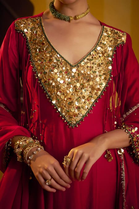 Hirika & Dhruti Red Silk, Organza Sequins, Beads, Zari, Hand Work Kurta, Pant And Dupatta at Aza Fashions Hirika & Dhruti_Red Silk, Organza Sequins, Beads, Zari, Hand Work Kurta, Pant And Dupatta _at_Aza_Fashions