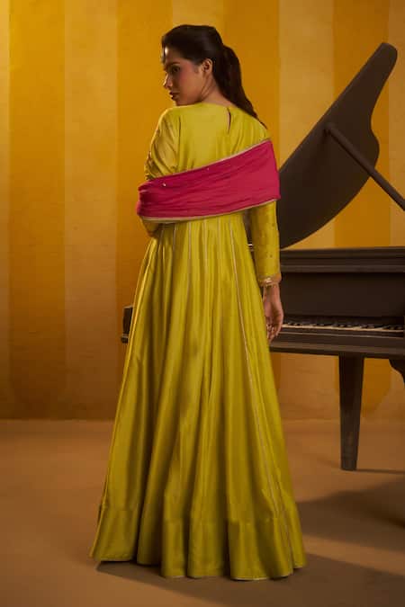 Shop Hirika & Dhruti Lime Silk, Chanderi Embroidery, Sequins, Moti Work Anarkali And Colorful Dupatta at Aza Fashions Shop_Hirika & Dhruti_Lime Silk, Chanderi Embroidery, Sequins, Moti Work Anarkali And Colorful Dupatta _at_Aza_Fashions