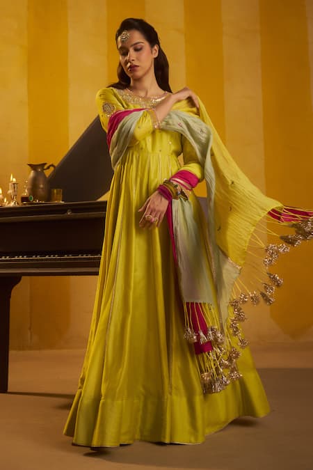 Hirika & Dhruti Lime Silk, Chanderi Embroidery, Sequins, Moti Work Anarkali And Colorful Dupatta Online at Aza Fashions Hirika & Dhruti_Lime Silk, Chanderi Embroidery, Sequins, Moti Work Anarkali And Colorful Dupatta _Online_at_Aza_Fashions