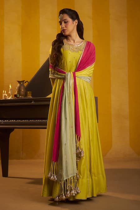 Hirika & Dhruti Lime Silk, Chanderi Embroidery, Sequins, Moti Work Anarkali And Colorful Dupatta 