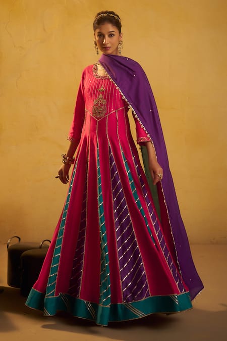 Shop Hirika & Dhruti Pink Silk Zari, Embroidery, Sequins, Gota Patti Round Anarkali And Dupatta Set Online at Aza Fashions Shop_Hirika & Dhruti_Pink Silk Zari, Embroidery, Sequins, Gota Patti Round Anarkali And Dupatta Set _Online_at_Aza_Fashions