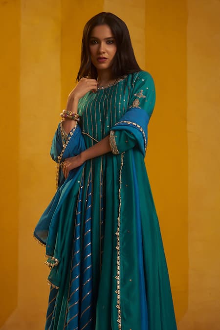 Hirika & Dhruti Teal Silk Gota Patti, Zari, Embroidery Round Neck And Zardozi Anarkali Set Online at Aza Fashions Hirika & Dhruti_Teal Silk Gota Patti, Zari, Embroidery Round Neck And Zardozi Anarkali Set _Online_at_Aza_Fashions