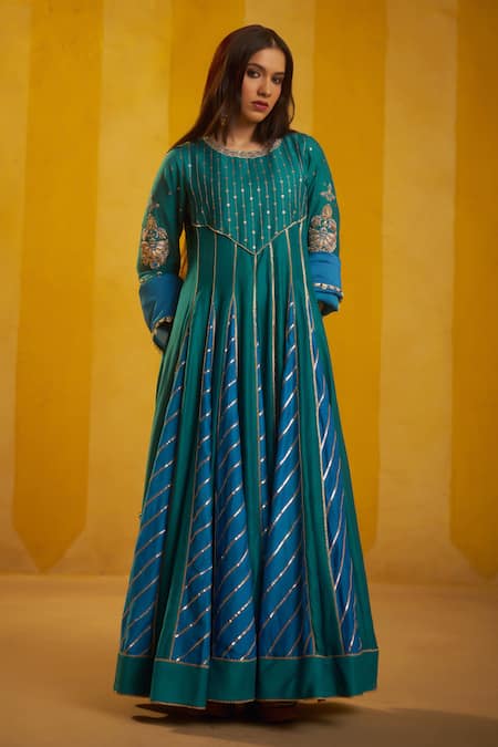 Buy Hirika & Dhruti Teal Silk Gota Patti, Zari, Embroidery Round Neck And Zardozi Anarkali Set Online at Aza Fashions Buy_Hirika & Dhruti_Teal Silk Gota Patti, Zari, Embroidery Round Neck And Zardozi Anarkali Set _Online_at_Aza_Fashions