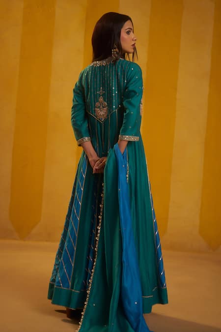 Shop Hirika & Dhruti Teal Silk Gota Patti, Zari, Embroidery Round Neck And Zardozi Anarkali Set at Aza Fashions Shop_Hirika & Dhruti_Teal Silk Gota Patti, Zari, Embroidery Round Neck And Zardozi Anarkali Set _at_Aza_Fashions