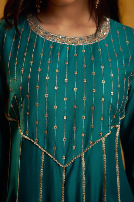 Shop Hirika & Dhruti Teal Silk Gota Patti, Zari, Embroidery Round Neck And Zardozi Anarkali Set Online at Aza Fashions Shop_Hirika & Dhruti_Teal Silk Gota Patti, Zari, Embroidery Round Neck And Zardozi Anarkali Set _Online_at_Aza_Fashions