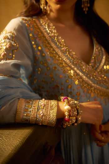 Buy_Hirika & Dhruti_Sky Blue Metal Tikki Angarkha Pant And Dupatta Set For Kids