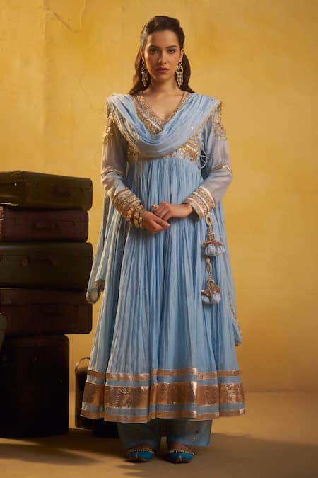 Shop Hirika & Dhruti Sky Blue Chanderi, Cotton Embroidery, Metal Tikki Angarkha, Pant And Dupatta Set Online at Aza Fashions Shop_Hirika & Dhruti_Sky Blue Chanderi, Cotton Embroidery, Metal Tikki Angarkha, Pant And Dupatta Set _Online_at_Aza_Fashions