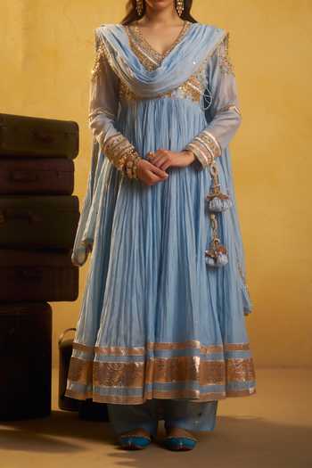 Hirika & Dhruti_Sky Blue Metal Tikki Angarkha Pant And Dupatta Set For Kids_at_Aza_Fashions