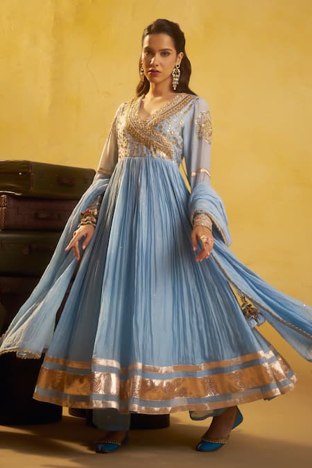 Hirika & Dhruti Sky Blue Chanderi, Cotton Embroidery, Metal Tikki Angarkha, Pant And Dupatta Set 