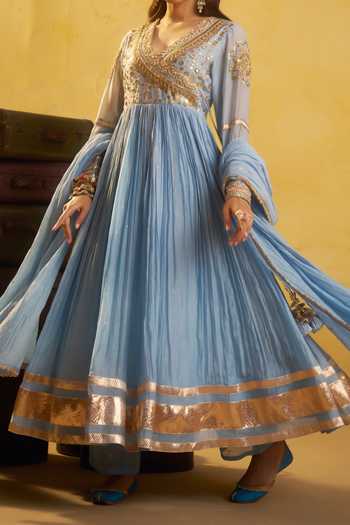 Shop_Hirika & Dhruti_Sky Blue Metal Tikki Angarkha Pant And Dupatta Set For Kids_Online_at_Aza_Fashions