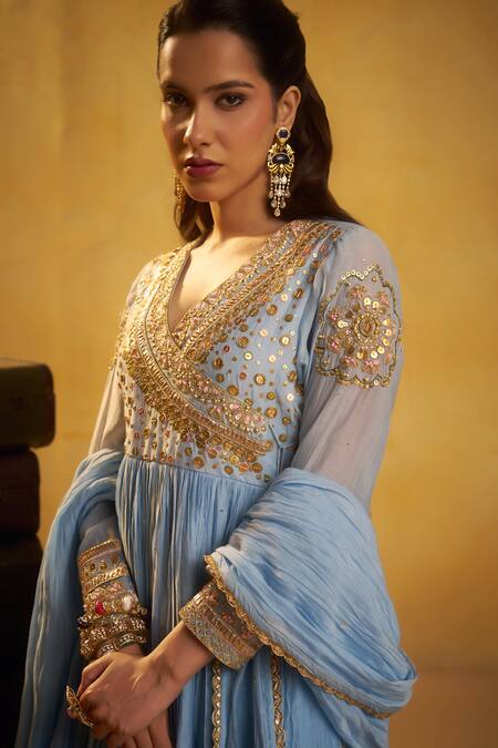 Hirika & Dhruti Sky Blue Chanderi, Cotton Embroidery, Metal Tikki Angarkha, Pant And Dupatta Set at Aza Fashions Hirika & Dhruti_Sky Blue Chanderi, Cotton Embroidery, Metal Tikki Angarkha, Pant And Dupatta Set _at_Aza_Fashions