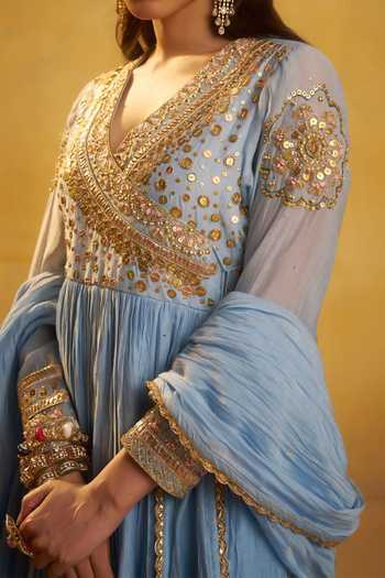 Buy_Hirika & Dhruti_Sky Blue Metal Tikki Angarkha Pant And Dupatta Set For Kids_Online_at_Aza_Fashions