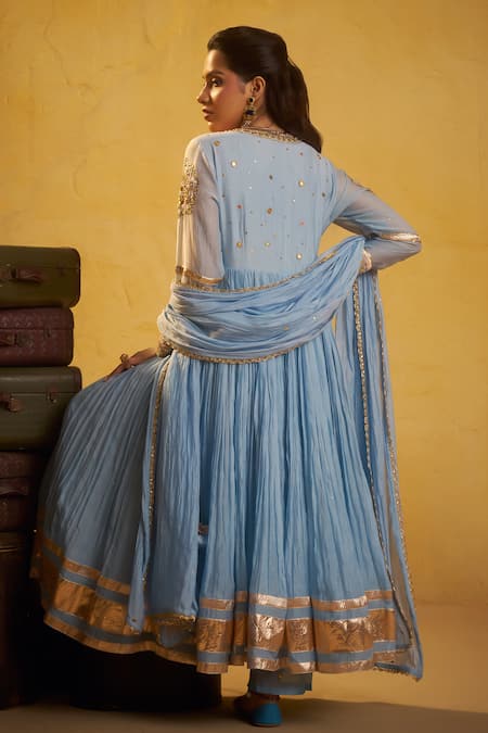 Shop Hirika & Dhruti Sky Blue Chanderi, Cotton Embroidery, Metal Tikki Angarkha, Pant And Dupatta Set at Aza Fashions Shop_Hirika & Dhruti_Sky Blue Chanderi, Cotton Embroidery, Metal Tikki Angarkha, Pant And Dupatta Set _at_Aza_Fashions