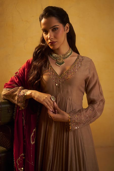 Hirika & Dhruti_Brown Chanderi Sequins, Embroidery V-neck Tikki Pleated Anarkali And Jhal Dupatta _Online_at_Aza_Fashions