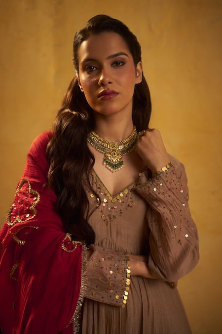 Buy_Hirika & Dhruti_Brown Chanderi Sequins, Embroidery V-neck Tikki Pleated Anarkali And Jhal Dupatta _Online_at_Aza_Fashions