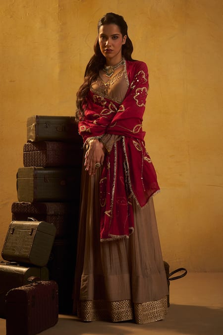 Shop_Hirika & Dhruti_Brown Chanderi Sequins, Embroidery V-neck Tikki Pleated Anarkali And Jhal Dupatta _Online_at_Aza_Fashions