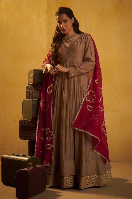 Hirika & Dhruti Brown Chanderi Sequins, Embroidery, Gota Tikki Pleated Anarkali And Jhal Dupatta 