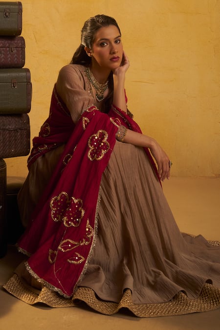 Hirika & Dhruti_Brown Chanderi Sequins, Embroidery V-neck Tikki Pleated Anarkali And Jhal Dupatta _at_Aza_Fashions