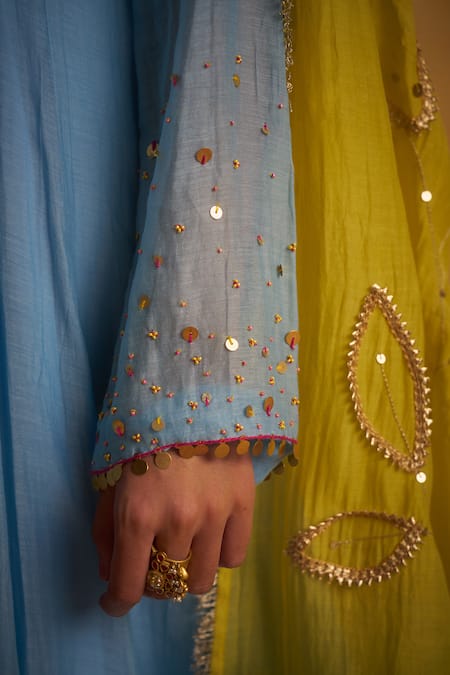 Hirika & Dhruti_Sky Blue Chanderi Sequins, Embroidery Tikki Pleated Anarkali And Jhal Dupatta _Online_at_Aza_Fashions