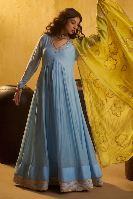 Buy_Hirika & Dhruti_Sky Blue Chanderi Sequins, Embroidery Tikki Pleated Anarkali And Jhal Dupatta _Online_at_Aza_Fashions