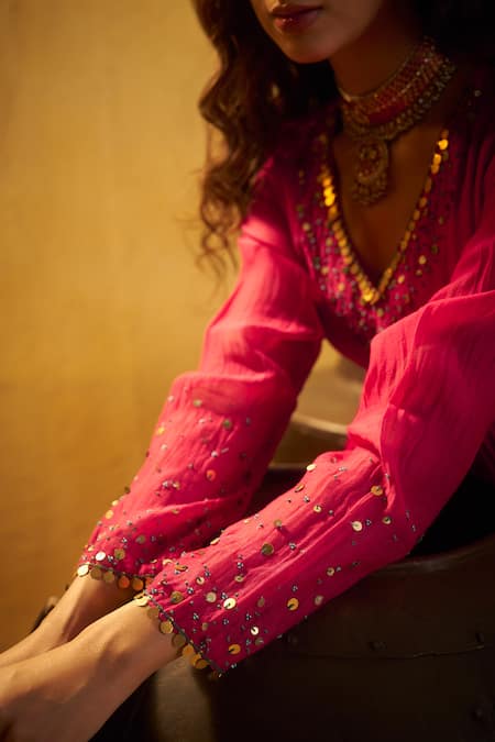 Hirika & Dhruti Pink Chanderi Sequins, Beads, Embroidery, Tikki Pleated Anarkali And Jhal Dupatta Online at Aza Fashions Hirika & Dhruti_Pink Chanderi Sequins, Beads, Embroidery, Tikki Pleated Anarkali And Jhal Dupatta _Online_at_Aza_Fashions