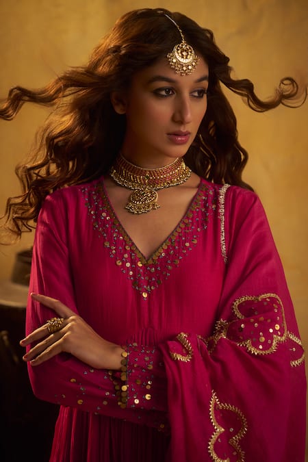 Shop Hirika & Dhruti Pink Chanderi Sequins, Beads, Embroidery, Tikki Pleated Anarkali And Jhal Dupatta at Aza Fashions Shop_Hirika & Dhruti_Pink Chanderi Sequins, Beads, Embroidery, Tikki Pleated Anarkali And Jhal Dupatta _at_Aza_Fashions
