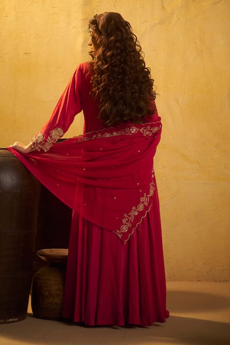 Shop Hirika & Dhruti Red Cotton, Silk, Organza Embroidery Round Neck Hand Anarkali Sharara Set at Aza Fashions Shop_Hirika & Dhruti_Red Cotton, Silk, Organza Embroidery Round Neck Hand Anarkali Sharara Set _at_Aza_Fashions