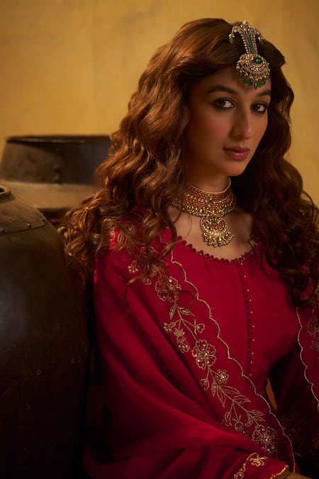 Shop Hirika & Dhruti Red Cotton, Silk, Organza Embroidery Round Neck Hand Anarkali Sharara Set Online at Aza Fashions Shop_Hirika & Dhruti_Red Cotton, Silk, Organza Embroidery Round Neck Hand Anarkali Sharara Set _Online_at_Aza_Fashions